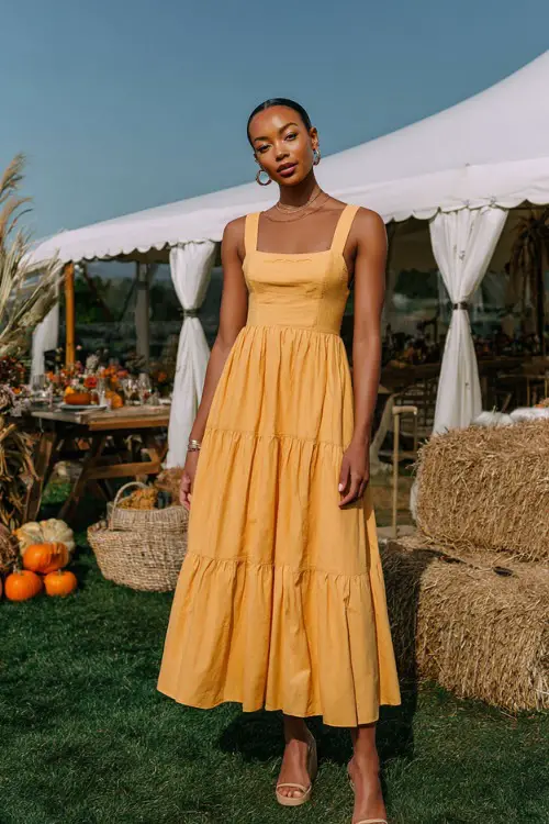Woman in a marigold tiered midi dress with square neckline and smocked bodice, styled with block heels and delicate gold jewelry 
