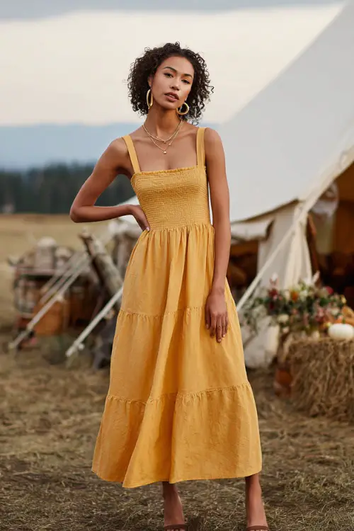 Woman in a marigold tiered midi dress with square neckline and smocked bodice, styled with block heels and delicate gold jewelry