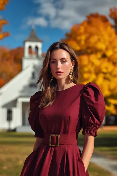 Woman in a maroon midi dress with puff sleeves and a belted waist, accessorized with statement earrings