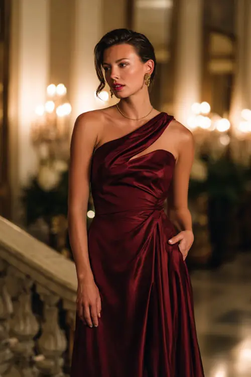 Woman in a maroon one-sleeve gown with draped fabric and sleek hairstyle, standing inside a formal candlelit ballroom