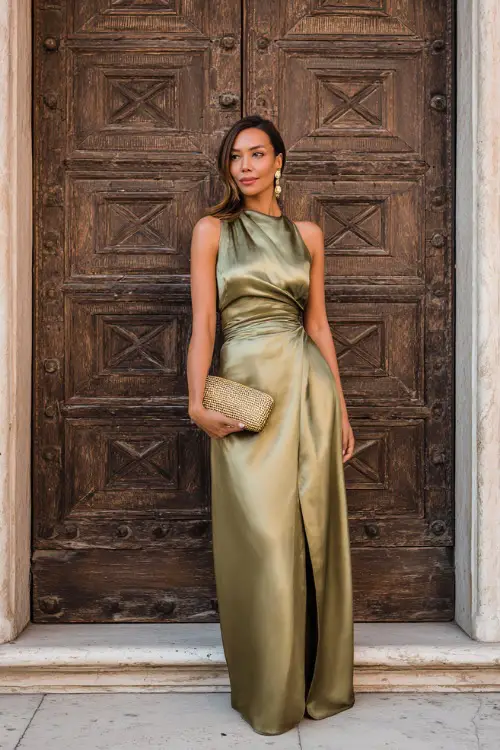 Woman in a metallic olive green gown with an empire waist and long flowing skirt, styled with a beaded clutch and statement earrings, posing in front of a grand entrance 