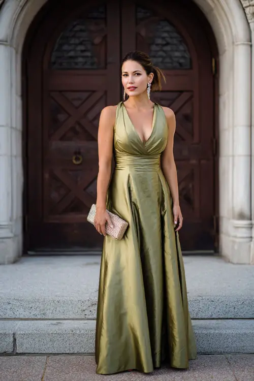 Woman in a metallic olive green gown with an empire waist and long flowing skirt, styled with a beaded clutch and statement earrings, posing in front of a grand entrance