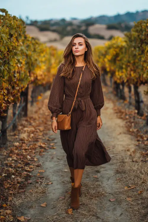Woman in a mocha long-sleeve midi dress with a flowy silhouette and cinched waist, styled with booties and a leather crossbody bag, walking through a vineyard path with fallen leaves
