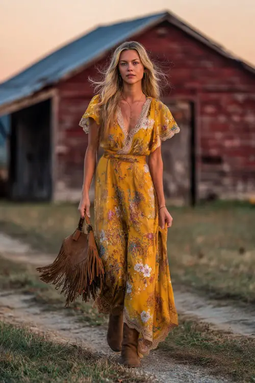 Woman in a mustard floral boho maxi dress with flutter sleeves and lace inserts, carrying a suede fringe bag, walking past a barn at sunset, full body 