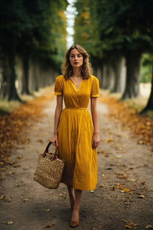 Woman in a mustard pleated midi dress with short sleeves, carrying a woven tote bag, walking along a tree-lined wedding path with fallen leaves