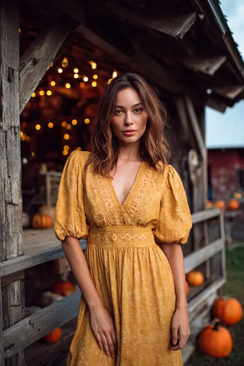 Woman in a mustard yellow boho midi dress with puff sleeves, smocked waist, and floral embroidery, standing beside a wooden barn decorated with fairy lights and pumpkins