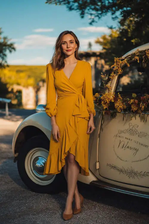 Woman in a mustard yellow wrap midi dress with a ruffle hem, styled with closed-toe heels 