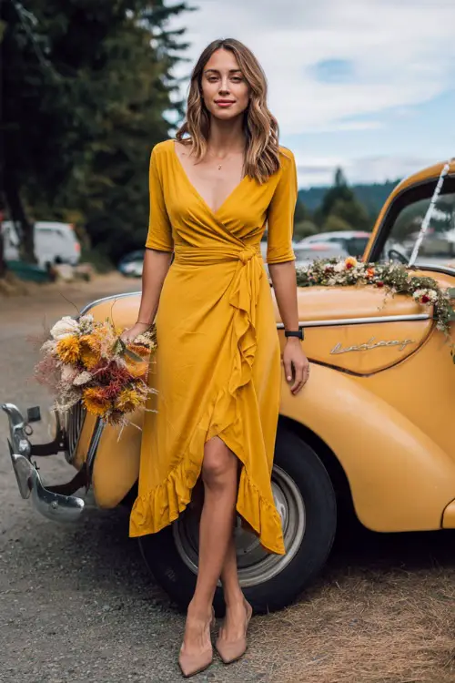 Woman in a mustard yellow wrap midi dress with a ruffle hem, styled with closed-toe heels 