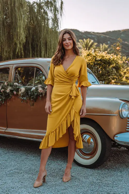 Woman in a mustard yellow wrap midi dress with a ruffle hem, styled with closed-toe heels