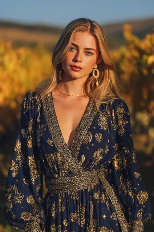 Woman in a navy boho dress with gold floral patterns, long bishop sleeves, and a cinched waist, standing in a vineyard with golden vines under the October sun 