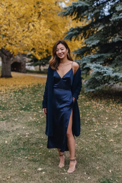 Woman in a navy cowl-neck slip dress with a long cardigan layered on top, styled with heeled mules, standing in a golden-leaf park wedding venue 
