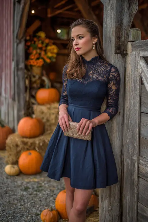 Woman in a navy fit-and-flare dress with lace sleeves, accessorized with pearl earrings and a clutch, posing by a rustic barn decorated with pumpkins 