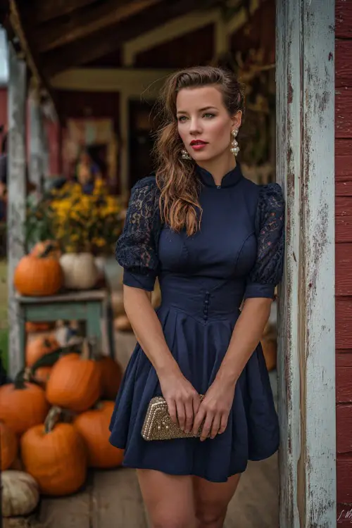 Woman in a navy fit-and-flare dress with lace sleeves, accessorized with pearl earrings and a clutch, posing by a rustic barn decorated with pumpkins