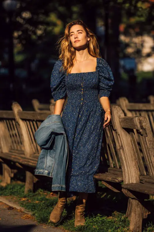 Woman in a navy floral-print midi dress with puff sleeves and a smocked bodice, holding a denim jacket and wearing low-heeled boots