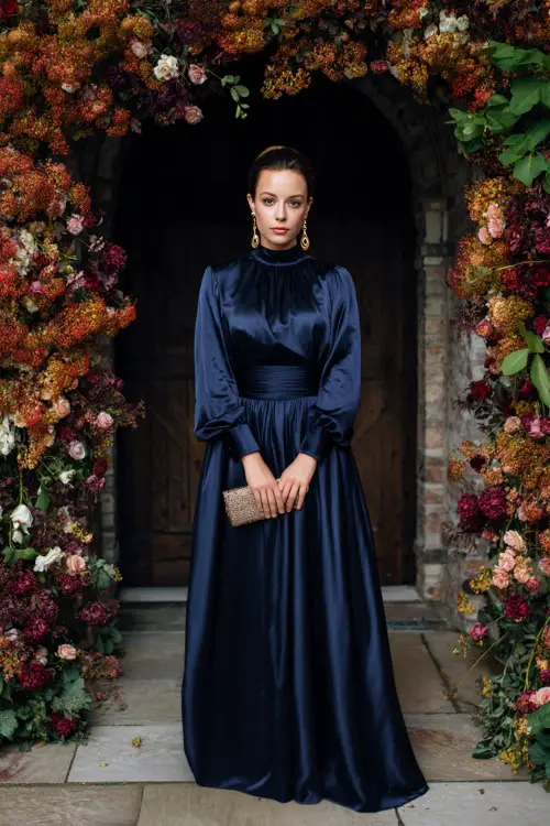Woman in a navy satin high-neck gown with a fitted waist and flowing skirt, accessorized with gold earrings and a small clutch, standing under a floral arch with autumn leaves 