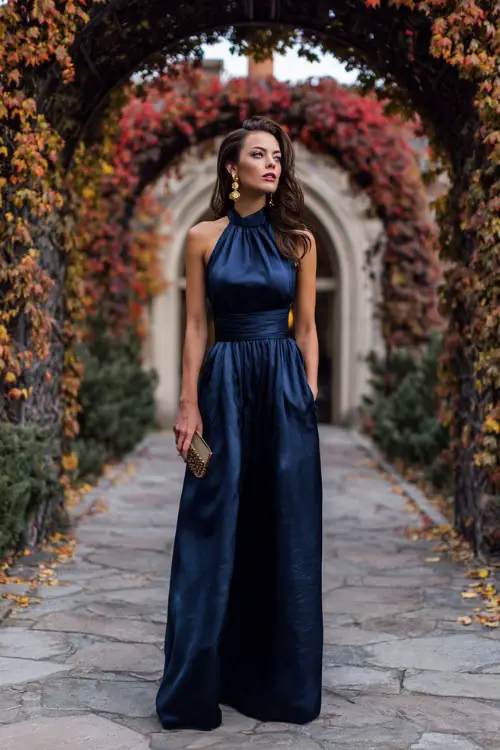 Woman in a navy satin high-neck gown with a fitted waist and flowing skirt, accessorized with gold earrings and a small clutch, standing under a floral arch with autumn leaves
