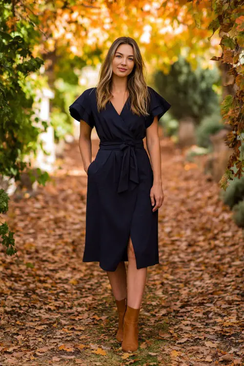 Woman in a navy wrap midi dress with flutter sleeves and a tie waist, paired with tan ankle boots, standing on a leaf-covered garden path at an October wedding