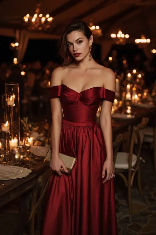 Woman in a ruby red off-the-shoulder gown with a fitted bodice and flowing A-line skirt, holding a small clutch beside elegant candlelit decor at a formal October wedding reception 