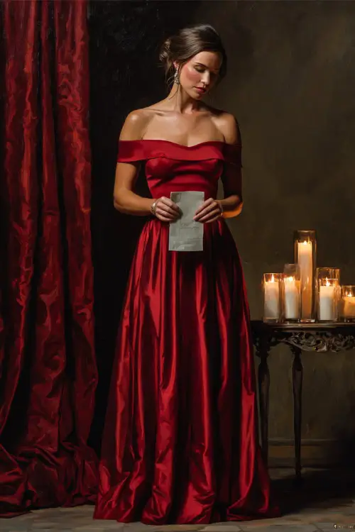 Woman in a ruby red off-the-shoulder gown with a fitted bodice and flowing A-line skirt, holding a small clutch beside elegant candlelit decor at a formal October wedding reception 
