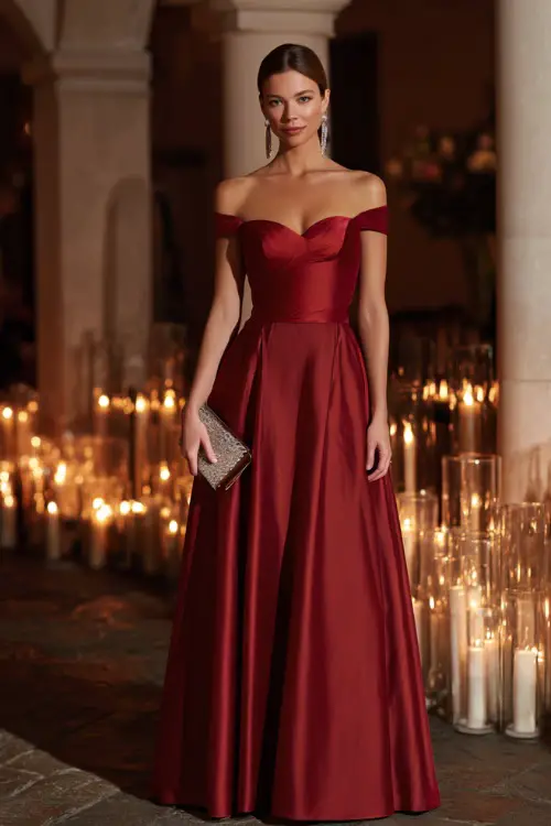 Woman in a ruby red off-the-shoulder gown with a fitted bodice and flowing A-line skirt, holding a small clutch beside elegant candlelit decor at a formal October wedding reception