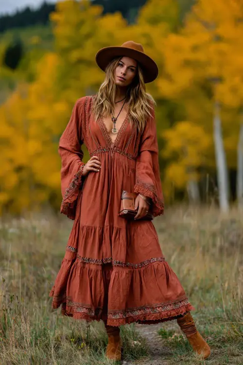 Woman in a rust-colored boho maxi dress with bell sleeves, lace trim, and tiered skirt, styled with a wide-brim hat and suede ankle boots 