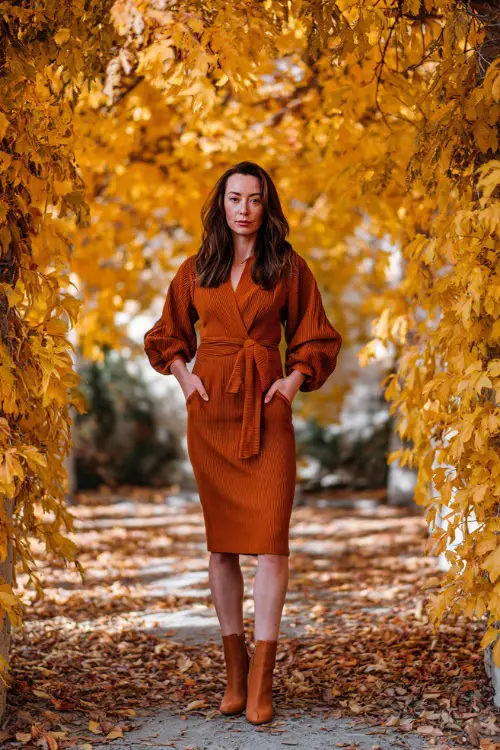 Woman in a rust-colored knit midi dress with long sleeves and a tie waist, paired with ankle boots, standing under a canopy of golden October leaves 