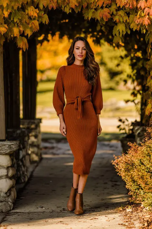 Woman in a rust-colored knit midi dress with long sleeves and a tie waist, paired with ankle boots, standing under a canopy of golden October leaves