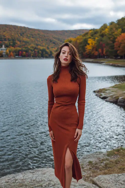 Woman in a rust-colored long sleeve midi dress with a mock neck and slit detail, standing by a scenic lake surrounded by fall foliage 