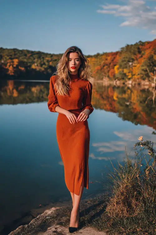 Woman in a rust-colored long sleeve midi dress with a mock neck and slit detail, standing by a scenic lake surrounded by fall foliage 