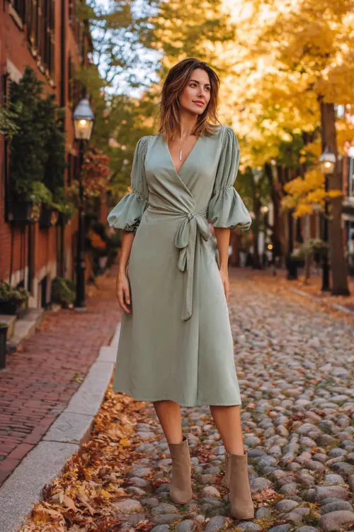 Woman in a sage green midi dress with bishop sleeves and a wrap front, styled with suede ankle boots 