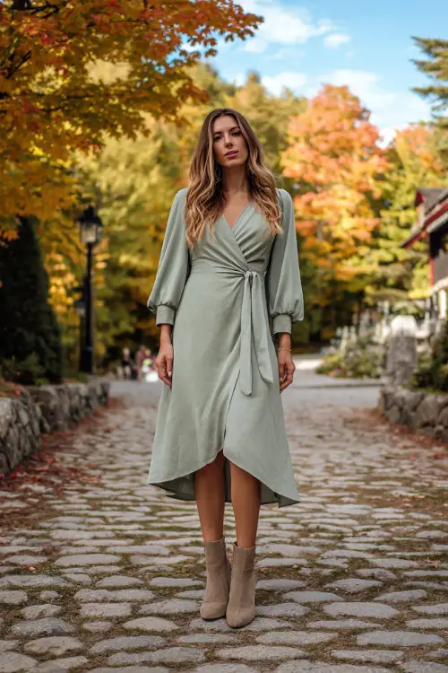 Woman in a sage green midi dress with bishop sleeves and a wrap front, styled with suede ankle boots