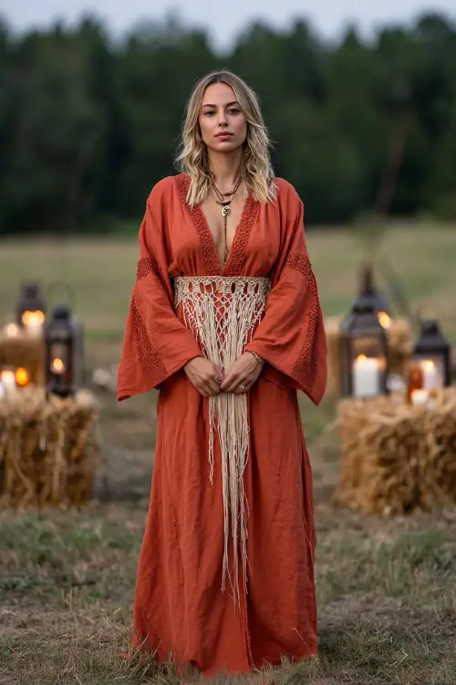Woman in a soft mauve boho dress with off-the-shoulder ruffles, carrying a wildflower bouquet, standing near a rustic wedding arch draped in autumn-toned fabrics 