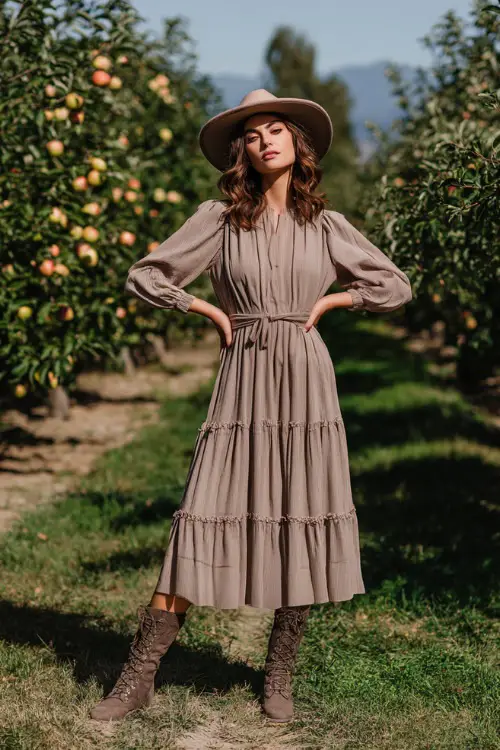 Woman in a taupe tiered midi dress with long sleeves, styled with lace-up boots and a felt hat, standing in a sunny autumn orchard wedding setting