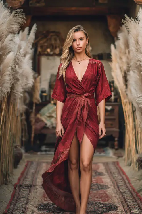 Woman in a wine-red boho wrap dress with kimono sleeves and a high-low hem, barefoot on a vintage rug aisle lined with pampas grass, full body 