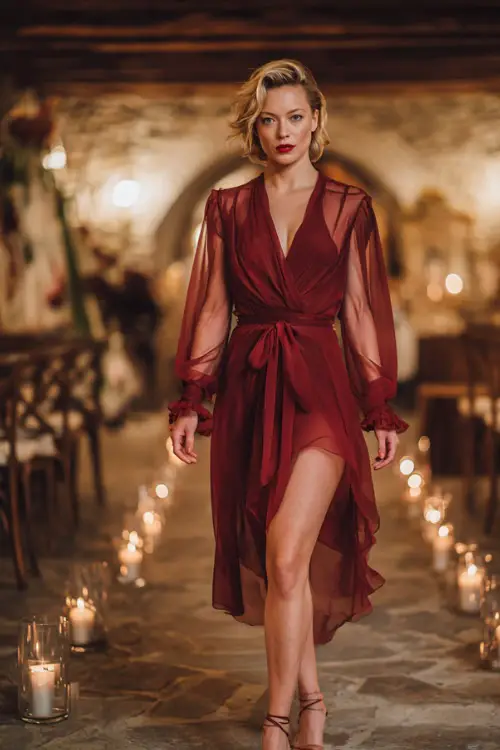 Woman in a wine-red chiffon wrap dress with sheer long sleeves and a waist tie, styled with strappy heels 