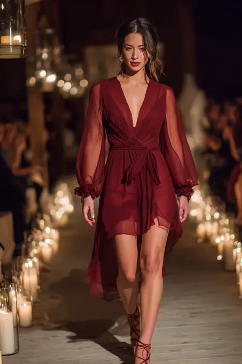 Woman in a wine-red chiffon wrap dress with sheer long sleeves and a waist tie, styled with strappy heels