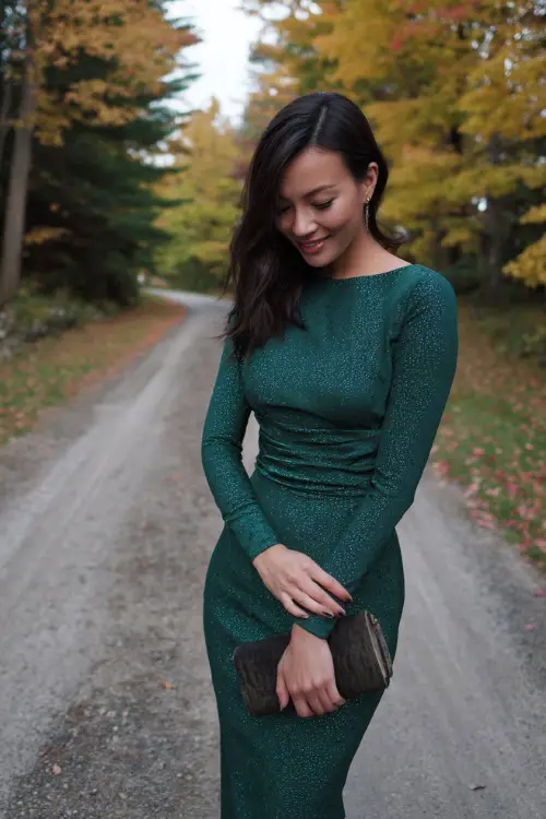 Woman in an emerald green long sleeve fitted gown with subtle sequins, styled with a matching shawl and evening clutch, standing on a fall foliage-lined pathway 