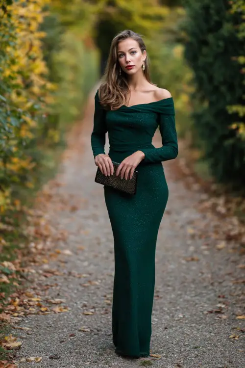 Woman in an emerald green long sleeve fitted gown with subtle sequins, styled with a matching shawl and evening clutch, standing on a fall foliage-lined pathway