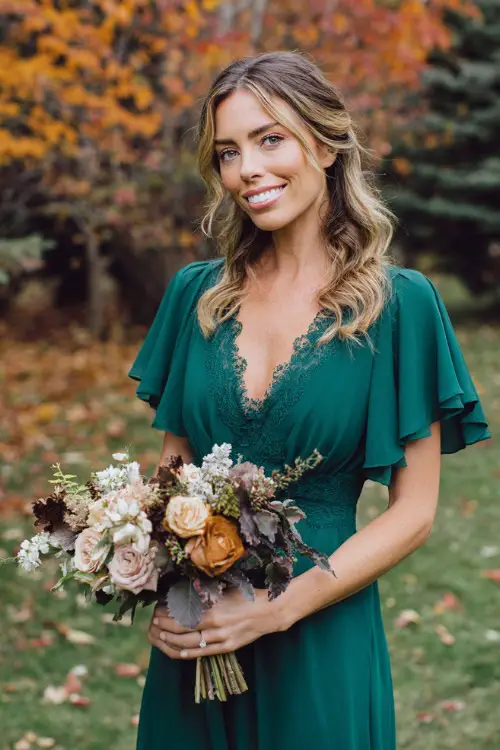 Woman in an emerald green midi dress with flutter sleeves and lace details, holding a bouquet at a daytime outdoor ceremony with fall trees in the background