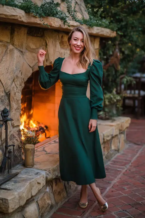 Woman in an emerald green tea-length dress with a square neckline and long bishop sleeves, styled with metallic sandals 