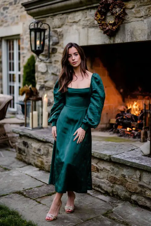 Woman in an emerald green tea-length dress with a square neckline and long bishop sleeves, styled with metallic sandals