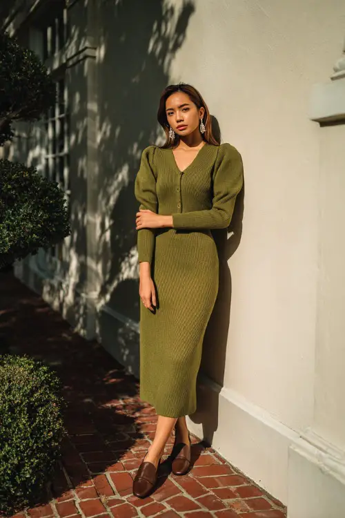 Woman in an olive green knit midi dress with subtle puff shoulders, leather loafers, and pearl earrings, posed full-body in soft fall ligh