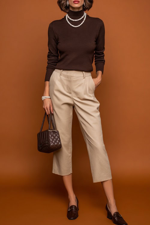 Woman in beige cropped trousers, a dark brown mock-neck sweater, and leather flats, styled with pearl accessories and a crossbody purse, full-body in bright studio 
