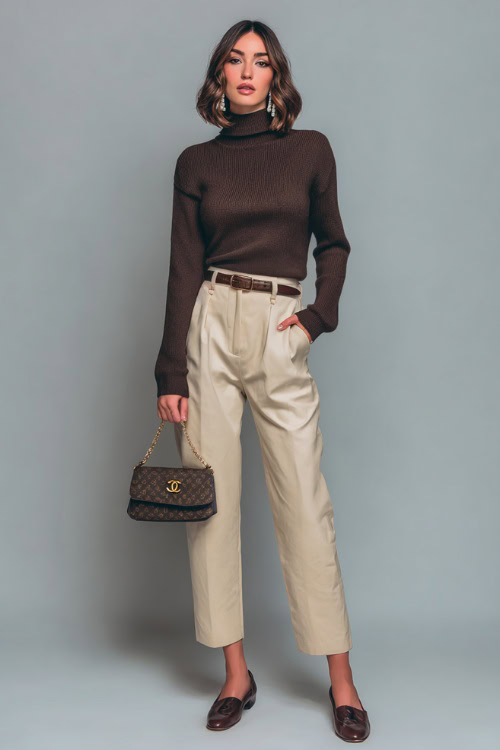 Woman in beige cropped trousers, a dark brown mock-neck sweater, and leather flats, styled with pearl accessories and a crossbody purse, full-body in bright studio