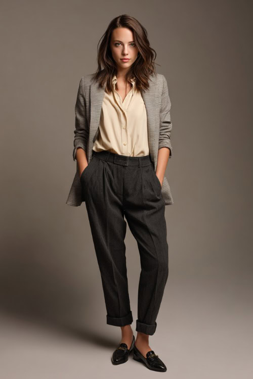 Woman in charcoal wool trousers and a tucked-in beige blouse, layered with a light gray blazer, paired with low-heeled loafers, posed in a soft-lit studio