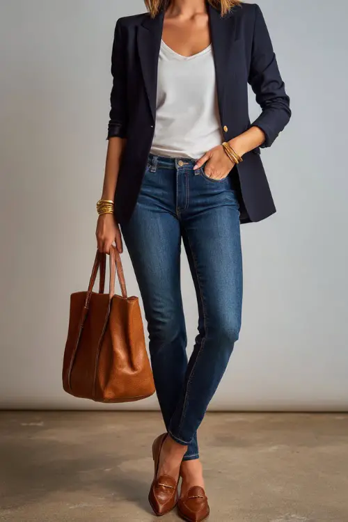 Woman in classic blue jeans with a navy wool blazer, white tucked-in tee, and brown flats, accessorized with a gold bracelet and leather handbag