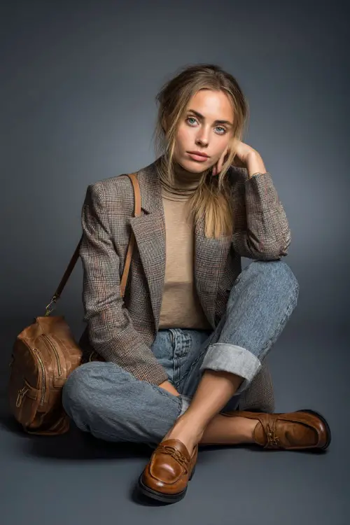 Woman in cuffed denim jeans with a tucked-in tan turtleneck and plaid blazer, styled with leather loafers and a structured shoulder bag, soft studio light
