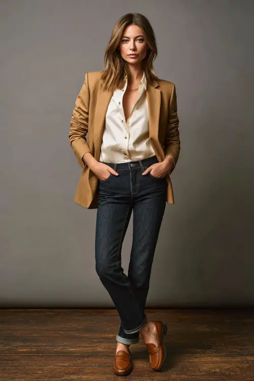Woman in dark straight-leg jeans with a tucked-in ivory blouse, camel blazer over the shoulders, and tan loafers, posed full-body in a clean studio 