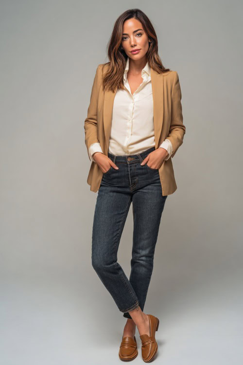 Woman in dark straight-leg jeans with a tucked-in ivory blouse, camel blazer over the shoulders, and tan loafers, posed full-body in a clean studio