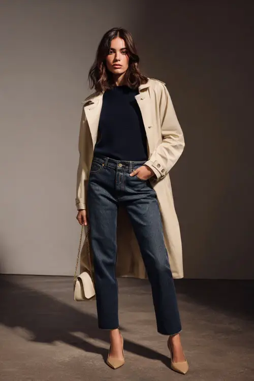 Woman in dark-wash straight jeans with a tucked-in navy sweater and cream trench coat, styled with a mini top-handle bag and low heels, posed in a soft studio